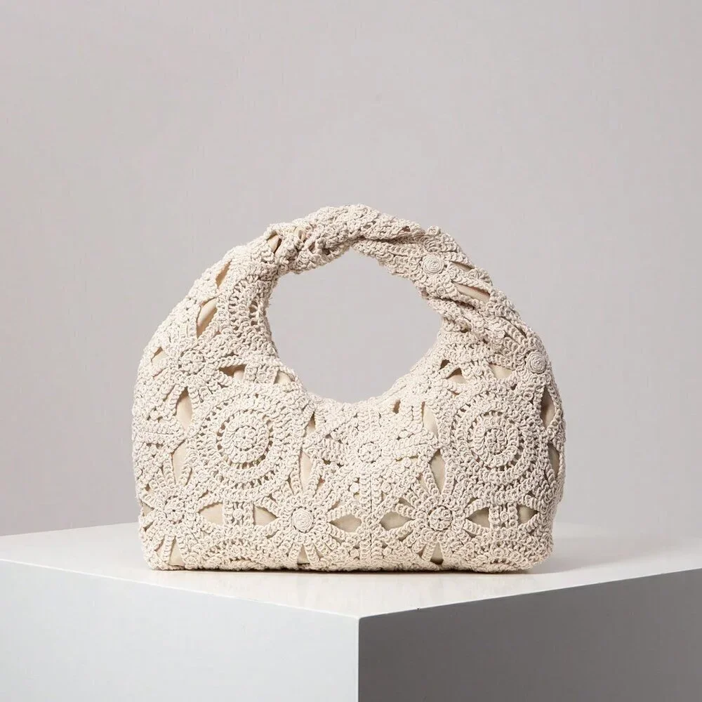 Apricot Boho Women's Hollow Floral Woven Bag